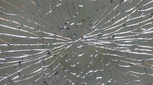 Shattered glass texture with radial cracks, broken window pane background, cracked glass surface for abstract design concepts