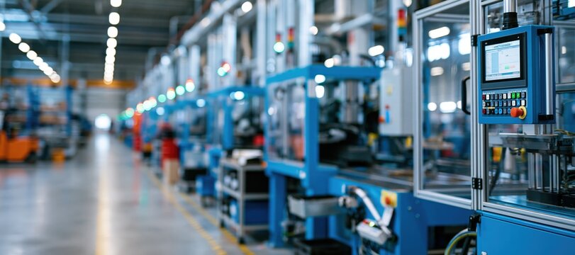 Modern factory floor with clean machine guarding and organized automation systems