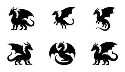 Obraz premium Dragon Silhouettes, Mythical Creature Icons, Fantasy Beast Vector Set, Magical Legend Art