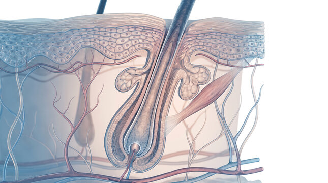 Anatomical skin structure cross section, human hair follicle and dermis layers, medical illustration of skin tissue and veins
