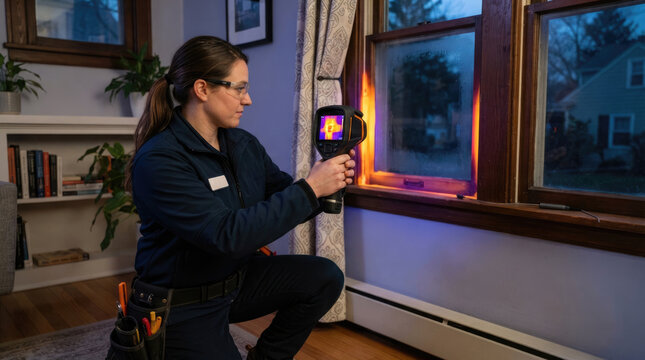 Female Home Inspector Using Thermal Imaging Camera to Detect Heat Loss Around Residential Window