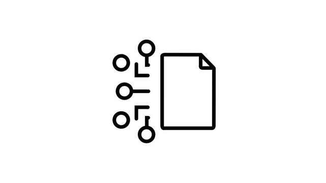 Black document data node horizontal layout loop, elegant file key phrase icon with modern SEO connection symbol, isolated graphic asset on white background 4k video animation.