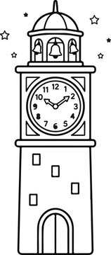 Black and white line art illustration of a classic clock tower with bells and stars on white background