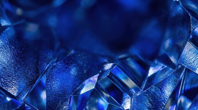 Blue crystal facets form an abstract geometric texture with deep blue lighting.