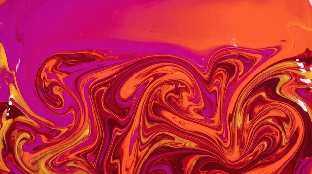 Acrylic fluid art texture featuring vibrant swirls of magenta, orange, and purple paint.