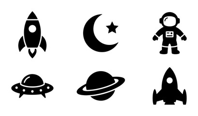 Fototapeta premium Space Icons Set: Rocket, Astronaut, UFO, Planet, Moon, Star, Cosmic Exploration Graphics