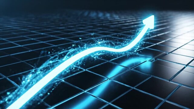 Glowing blue arrow moving up on dark digital grid surface