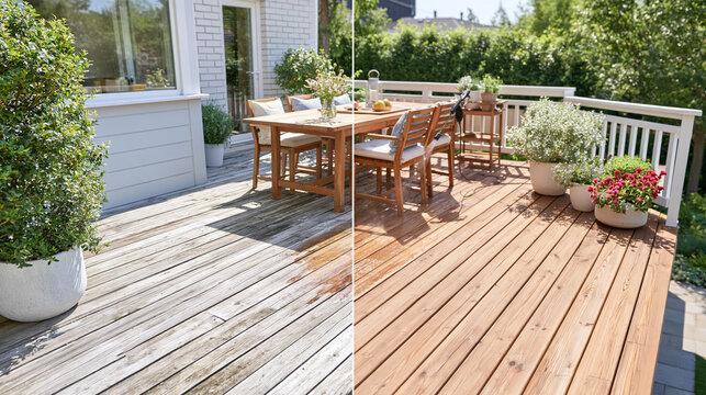 Weathered Wooden Deck Before And After Refinishing with Teak Oil