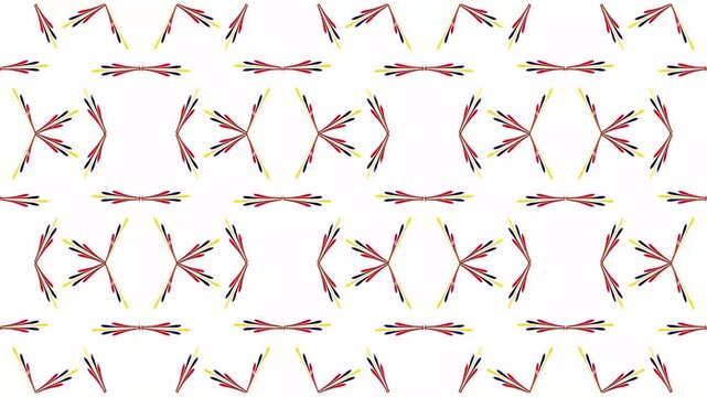 30 second video of Colorful fan kaleidoscope animation with spinning geometric patterns in red, yellow, and blue against white background. Decorative visual effect ideal for design backgrounds.