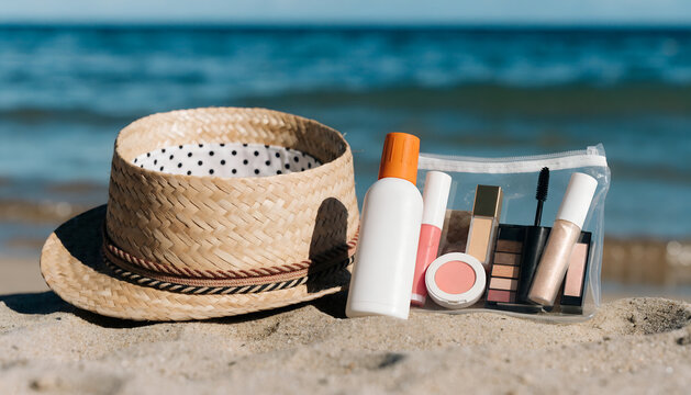 Cosmetic pouch with makeup rests beside a straw hat