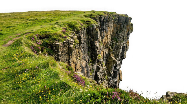 Scenic grassy cliff edge with wildflowers overlooking a drop, isolated on transparent background