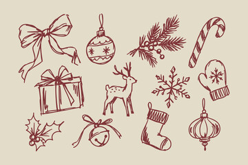 Fototapeta premium Christmas Decorations Hand Drawn Doodle Set