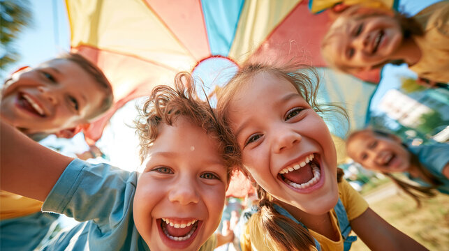 Laughing Friends Gathering Beneath Colorful Play Parachute