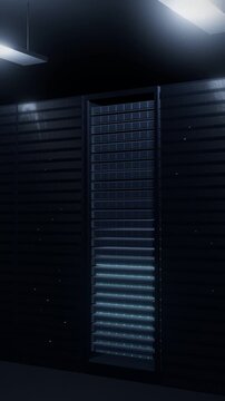 Server rack rebooting in a dark data center aisle at night, indicator lights sweeping down and back up the column, vertical technology background, seamless loop
