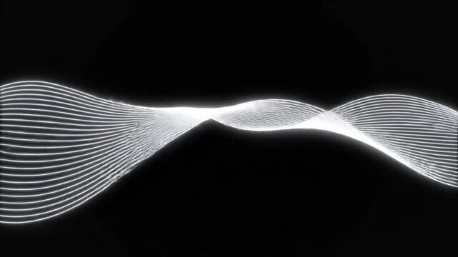 Abstract glowing white wave pattern with parallel lines on black background