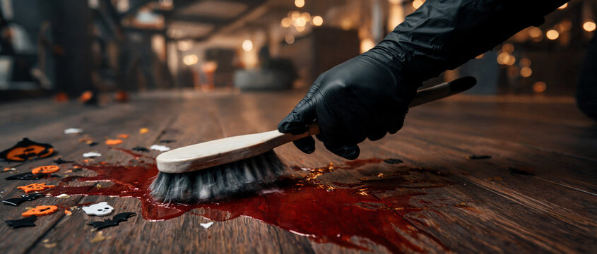 Floor scrubber machine washing dirty tile floor after party with spilled drinks, smashed pumpkins, and cans for professional commercial cleaning service.