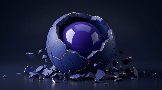 Cracked blue egg 3d illustration with glowing purple sphere emerging