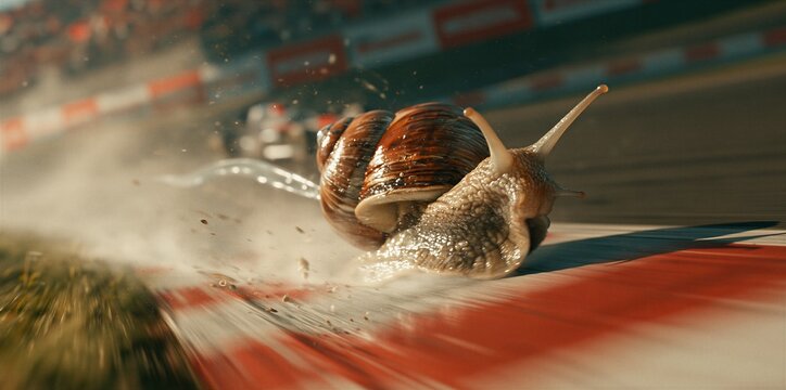 Giant Snail Overtaking a Race Car on a Racetrack