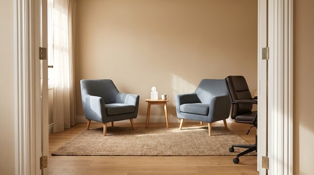 A comfortable office setup prepared for a peaceful collaborative divorce session between clients and professionals.