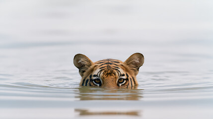 Fototapeta premium Close up head shot of a wild tiger or Panthera tigris peeking above the calm water surface in nature, capturing intense gaze and focus