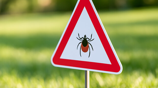 Red and white warning sign cautioning about deer tick or Ixodes ricinus parasite infestation risk in green park grass outdoor nature area