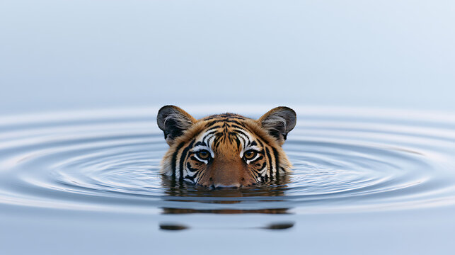 A tiger, Panthera tigris, head emerge from calm water with circular ripples. Close-up wildlife photography captures intense predator eyes