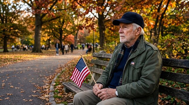 Elderly veteran sitting on park bench holding a small american flag during autumn.
