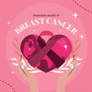 Fight against breast cancer awareness illustration featuring a large pink ribbon surrounded by smaller ribbons, hearts, leaves and decorative elements symbolizing support and hope.