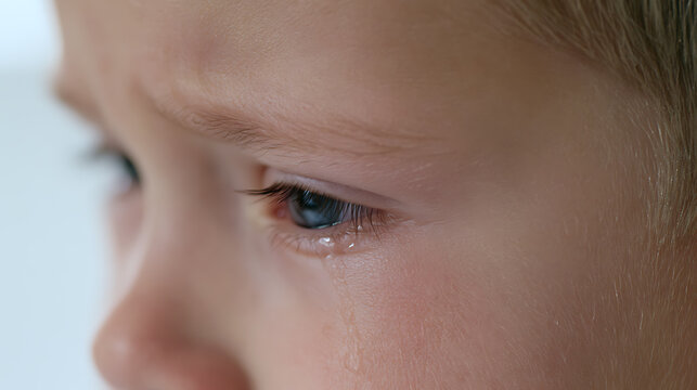 Close-up of a young child eye with tears rolling down cheek, depicting sadness, emotional pain, and vulnerability in a dramatic portrait