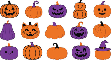 Fototapeta premium Colorful halloween pumpkins and gourds pattern isolated on white