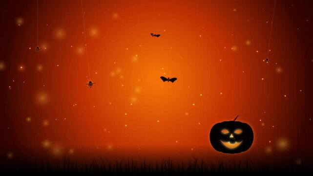 Animated Halloween background featuring glowing jack o lantern with flying bats and hanging spiders against dark orange gradient loop.