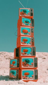 A stack of vintage orange televisions displaying tropical fish on a sandy beach under a clear blue sky. This surreal pop art composition features retro electronics in a desert landscape.