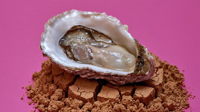 Single oyster shell resting on cracked earth texture against a vibrant pink background in a surreal pop-art style composition. This artistic food photography captures a striking contrast of textures.