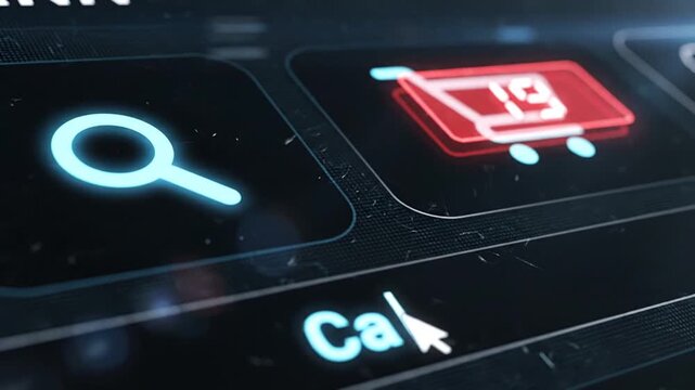 Digital interface showing glowing search icon and shopping cart with items