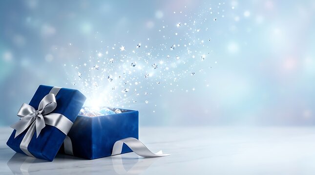 A magical luxury open gift box with glowing lights and sparkles on a soft blue background perfect for holiday celebrations and special occasions
