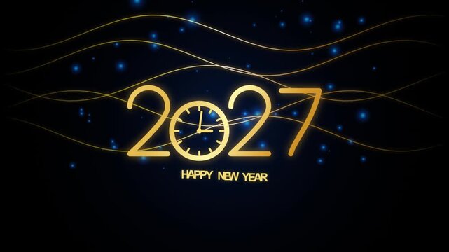 New year 2027 golden numbers with animated clock face over black background with flowing lines and glowing blue particles motion video.