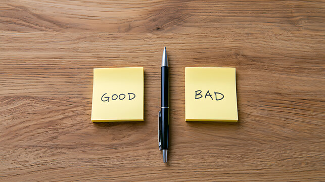 A top down view of a wooden office desk featuring two yellow sticky notes with the words good and bad written on them separated by a pen