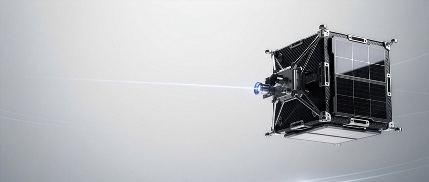 次世代小型人工衛星CubeSatと光通信レーザーの3Dレンダリング コピースペース付き（21:9 Webヘッダー用）