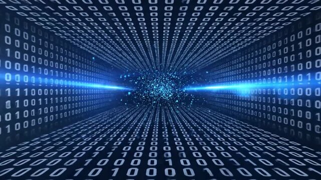 Digital tunnel of binary code with bright blue light