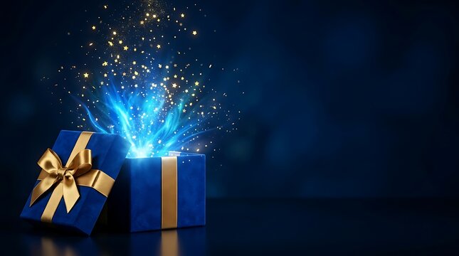 A magical luxury open gift box with glowing sparkles and golden ribbons isolated on a dark blue background for festive holiday celebration concepts