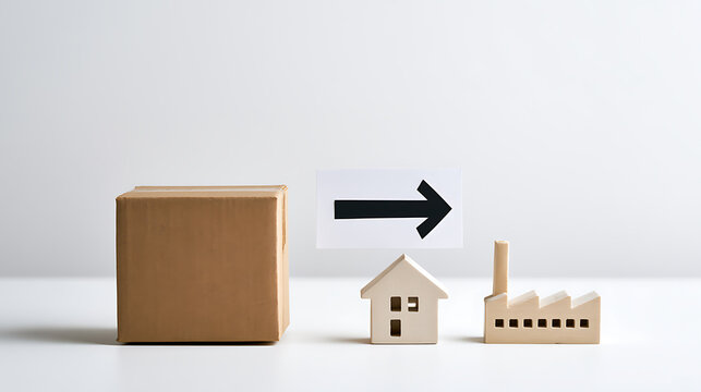 Supply chain concept with cardboard box, house model, and factory model under arrow symbol on white background representing global logistics
