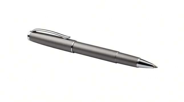Metallic modern ballpoint pen isolated on clean white background with subtle shadow for corporate business stationery design
