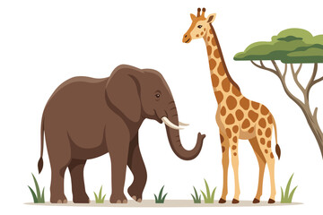 Obraz premium Wild Elephant And Giraffe Standing In African Savanna