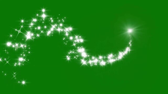 Magical white sparkle trail flying in a dynamic spiral path with glowing light dust particles and bright glittering stars isolated on green background for luxury transition.