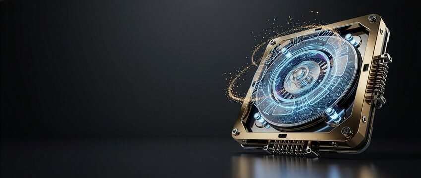 超伝導量子ビットプロセッサユニットと量子回路の3Dレンダリング ダークモード（21:9 Webヘッダー用）