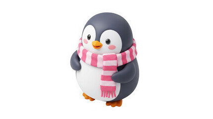 Obraz premium Cute cartoon penguin wearing a pink and white striped scarf isolated on transparent background
