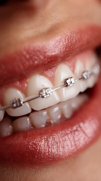Close-up of a smiling person with silver ceramic dental braces, demonstrating orthodontic treatment and a healthy smile.