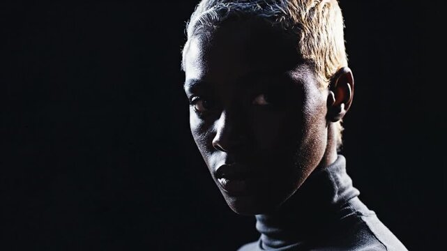 Dramatic profile portrait of young person with short hair against dark background