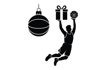 Basketball player jumping for a slam dunk with gift box and ball ornament © Md