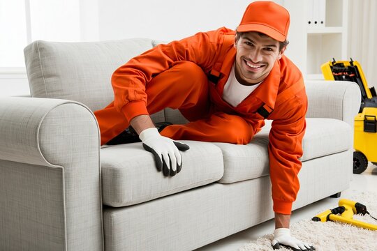 Technician in orange uniform kneeling on a sofa to clean or repair the fabric upholstery indoors